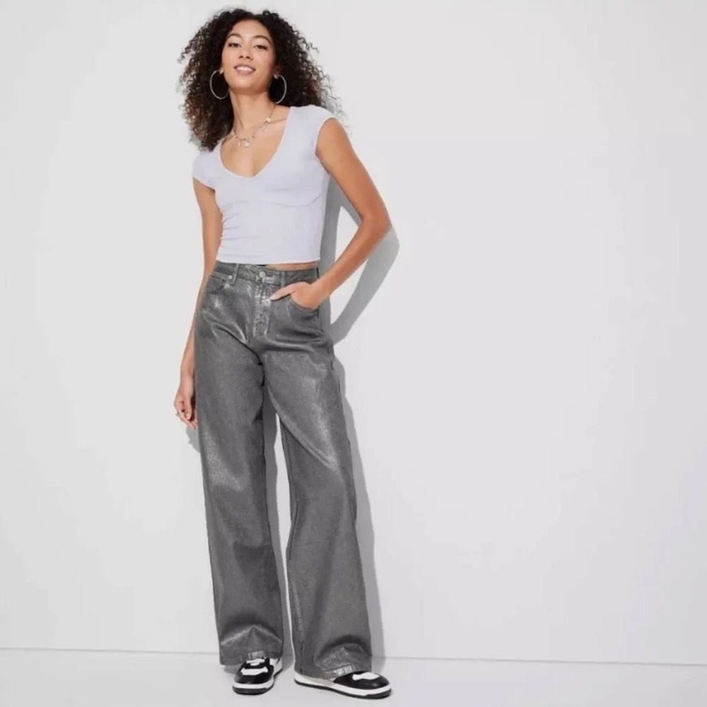 Wild Fable High-Rise Baggy Jeans Silver Metallic Foil Denim Pants 12 31.5 Inseam